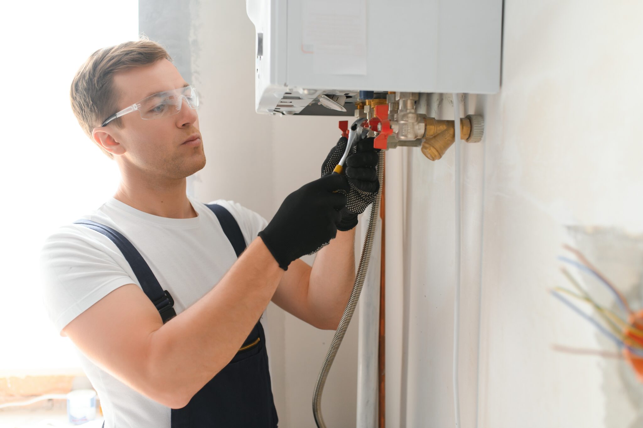 professional plumber checking boiler pipes boiler service concept